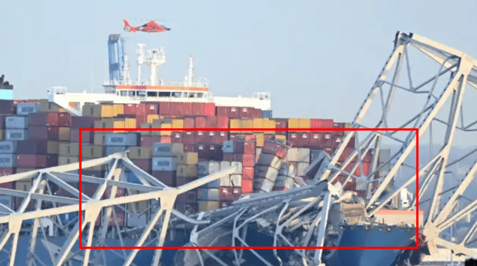 A view of the Dali cargo vessel which crashed into the Francis Scott Key Bridge causing it to collapse in Baltimore, Maryland