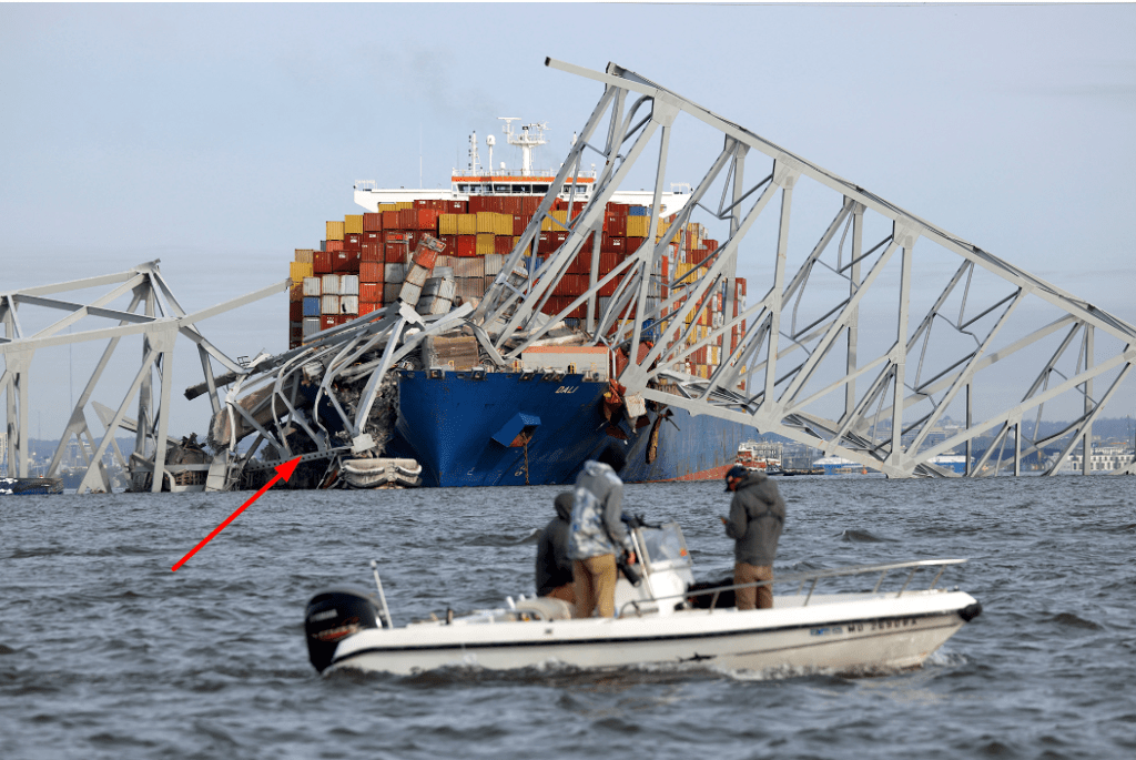 A view of the Dali cargo vessel which crashed into the Francis Scott Key Bridge causing it to collapse in Baltimore, Maryland