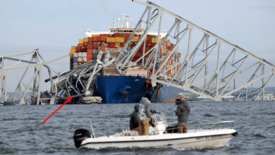 A view of the Dali cargo vessel which crashed into the Francis Scott Key Bridge causing it to collapse in Baltimore, Maryland